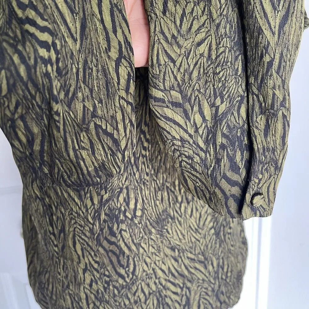 Anne Klein Vintage Silk Blouse Size 8 Green Black Surplice Button Front Top